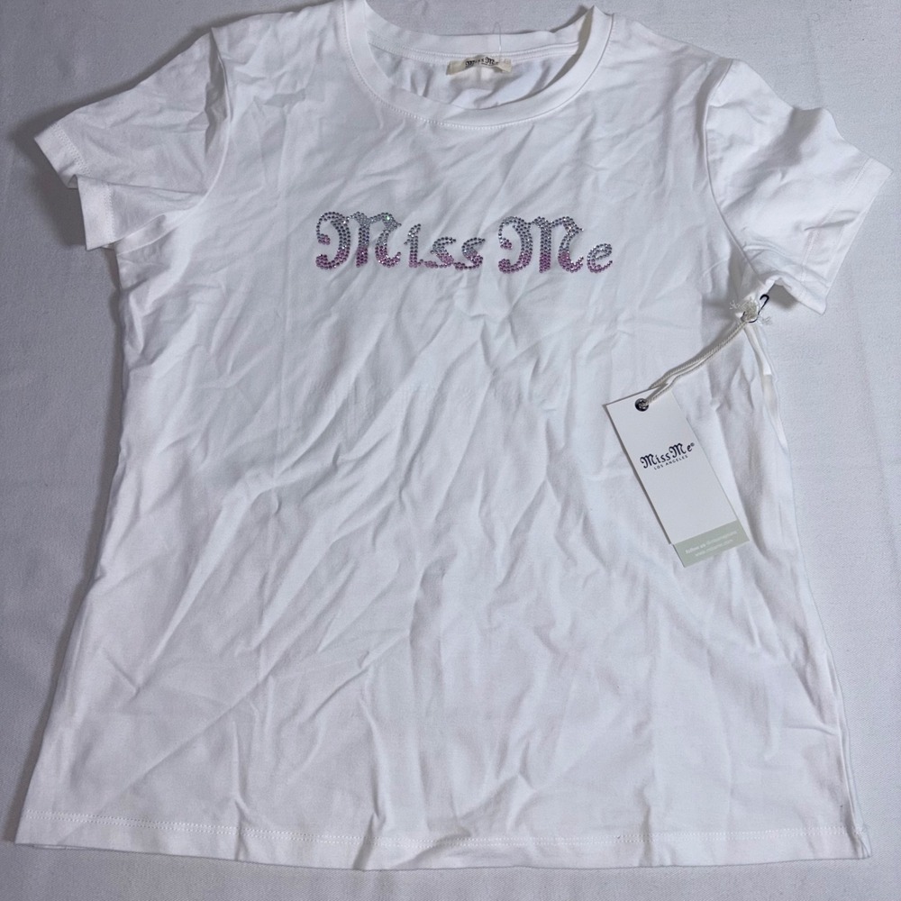 Miss Me Rhinestone Logo Graphic Tee Large White NEW Short Sleeve Ombre BMT0177S